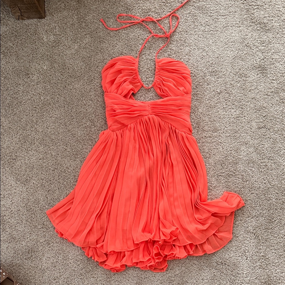 Never Worn Michael Costello Coral Halter Pleated Mini Dress